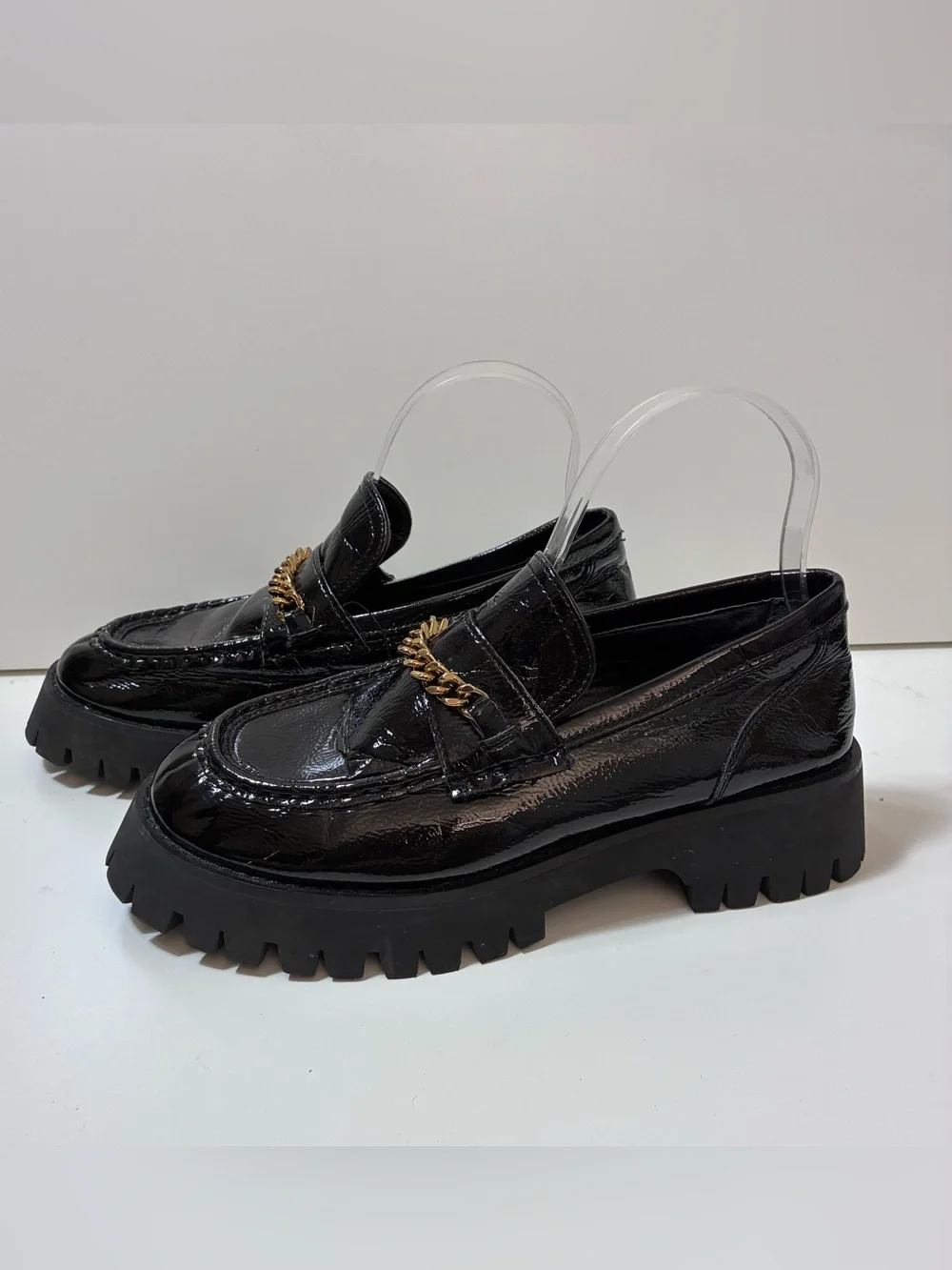 Princess Polly Black Patent Gold Chain Loafers Chunky Lug Sole‎ Platform Size 7